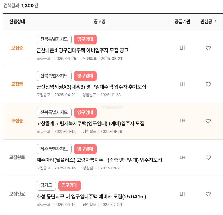 영구임대아파트 조회 결과