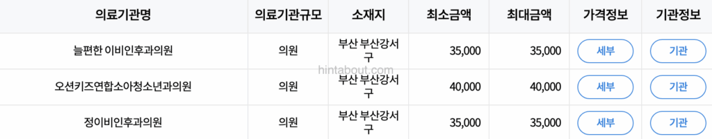 비급여 진료비 정보 조회 결과